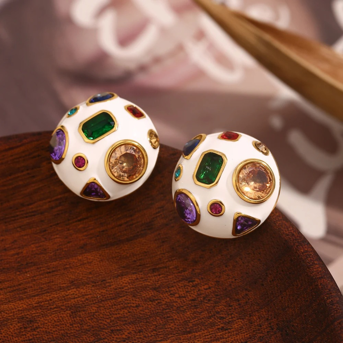 Cercei Fabiana, rotunzi, albi, cu pietre multicolore, din oțel inoxidabil placat cu aur 18K [6]