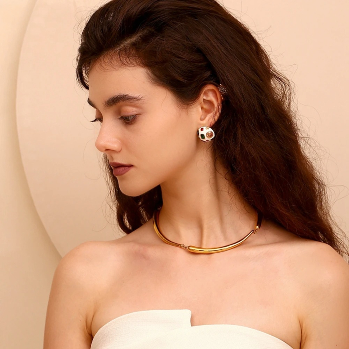 Cercei Fabiana, rotunzi, albi, cu pietre multicolore, din oțel inoxidabil placat cu aur 18K [5]