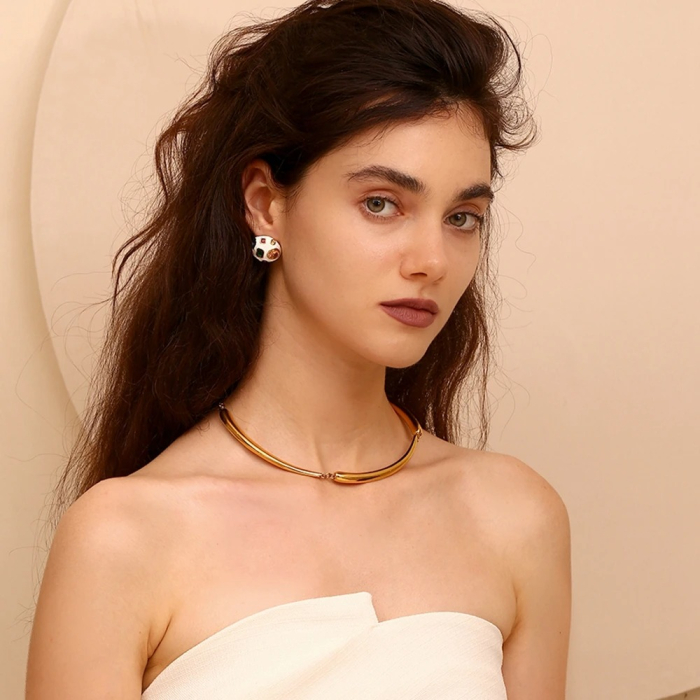 Cercei Fabiana, rotunzi, albi, cu pietre multicolore, din oțel inoxidabil placat cu aur 18K [4]