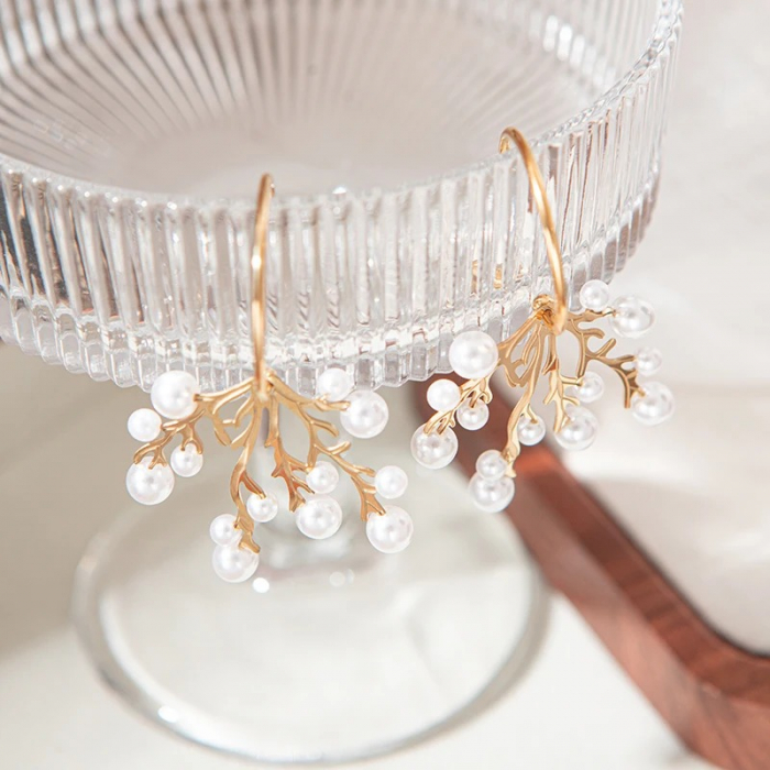 Cercei Avriella, aurii, rotunzi, cu perle și model coral, din oțel inoxidabil - Colecția Universe of Pearls [3]