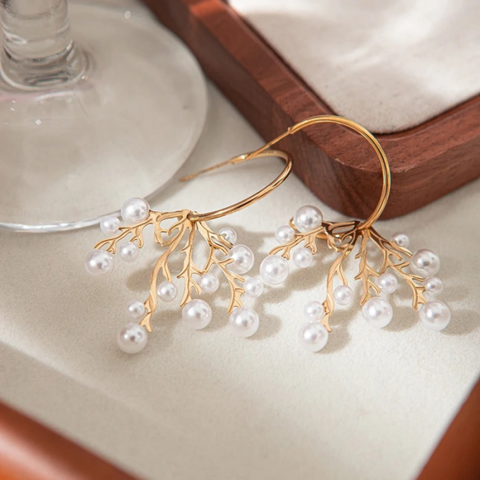 Cercei Avriella, aurii, rotunzi, cu perle și model coral, din oțel inoxidabil - Colecția Universe of Pearls [4]