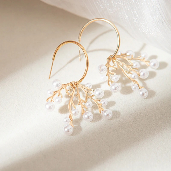 Cercei Avriella, aurii, rotunzi, cu perle și model coral, din oțel inoxidabil - Colecția Universe of Pearls [5]