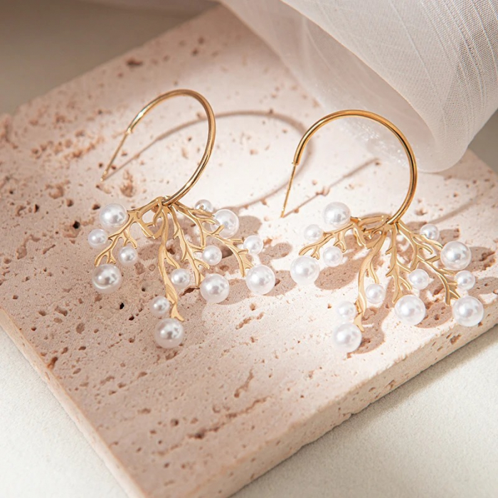 Cercei Avriella, aurii, rotunzi, cu perle și model coral, din oțel inoxidabil - Colecția Universe of Pearls [2]