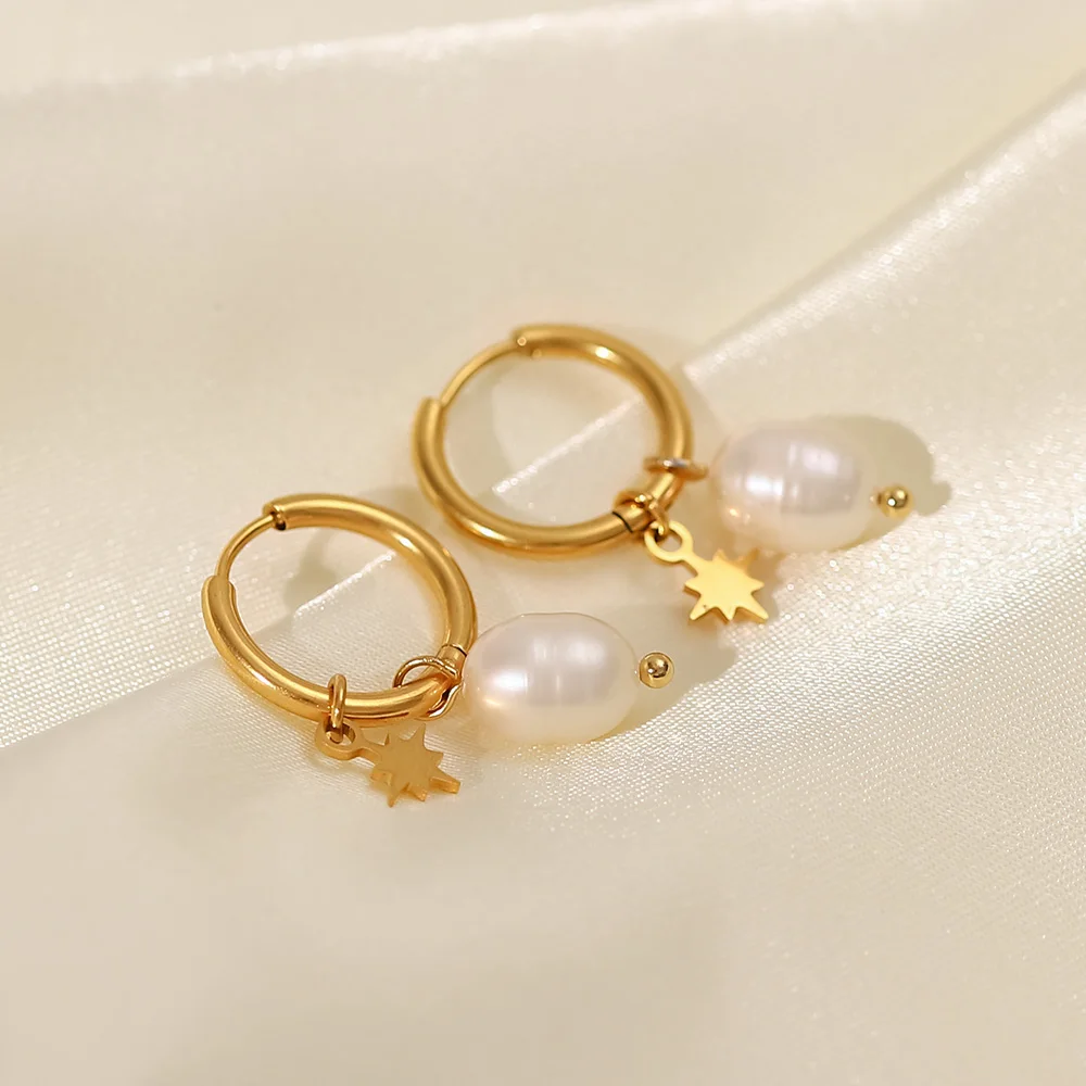 Cercei Luciana, aurii, din oțel inoxidabil și perle naturale de cultură, placați cu aur 18K, model cu steluțe - Colecția Universe of Pearls [3]
