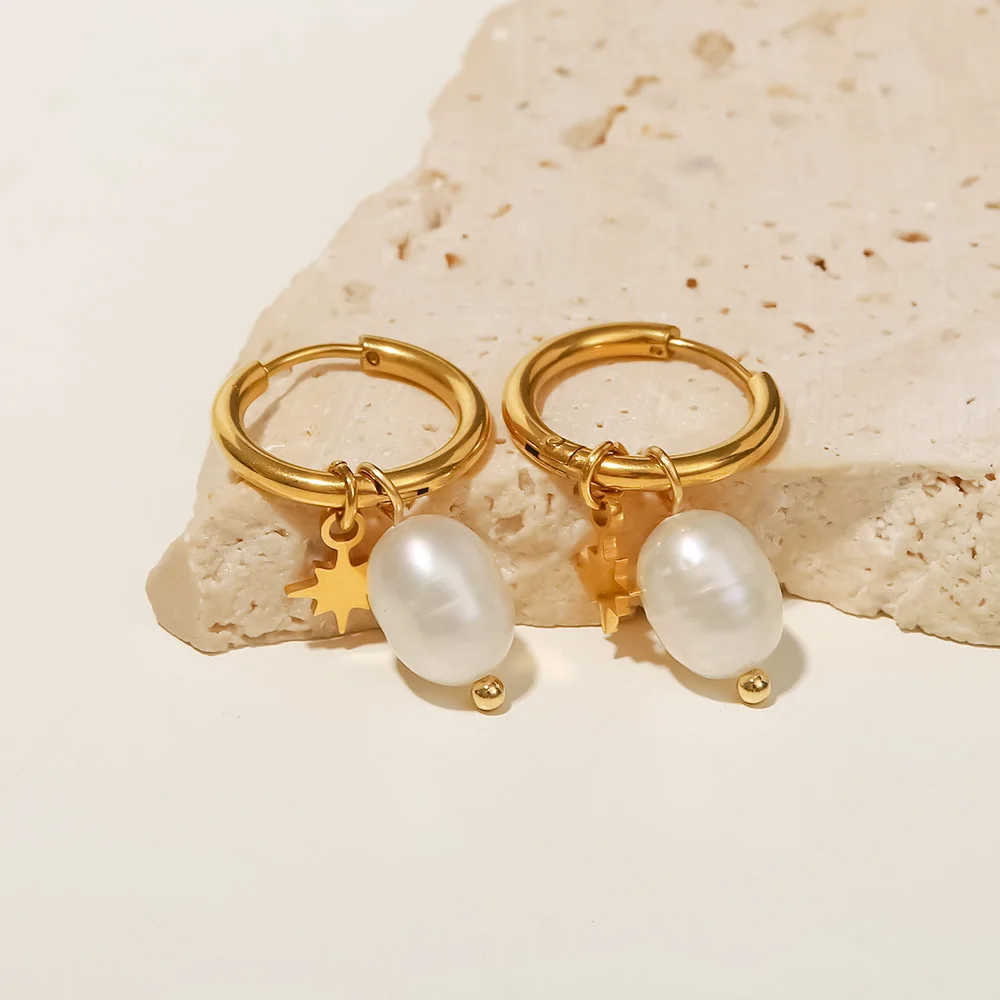 Cercei Luciana, aurii, din oțel inoxidabil și perle naturale de cultură, placați cu aur 18K, model cu steluțe - Colecția Universe of Pearls [2]