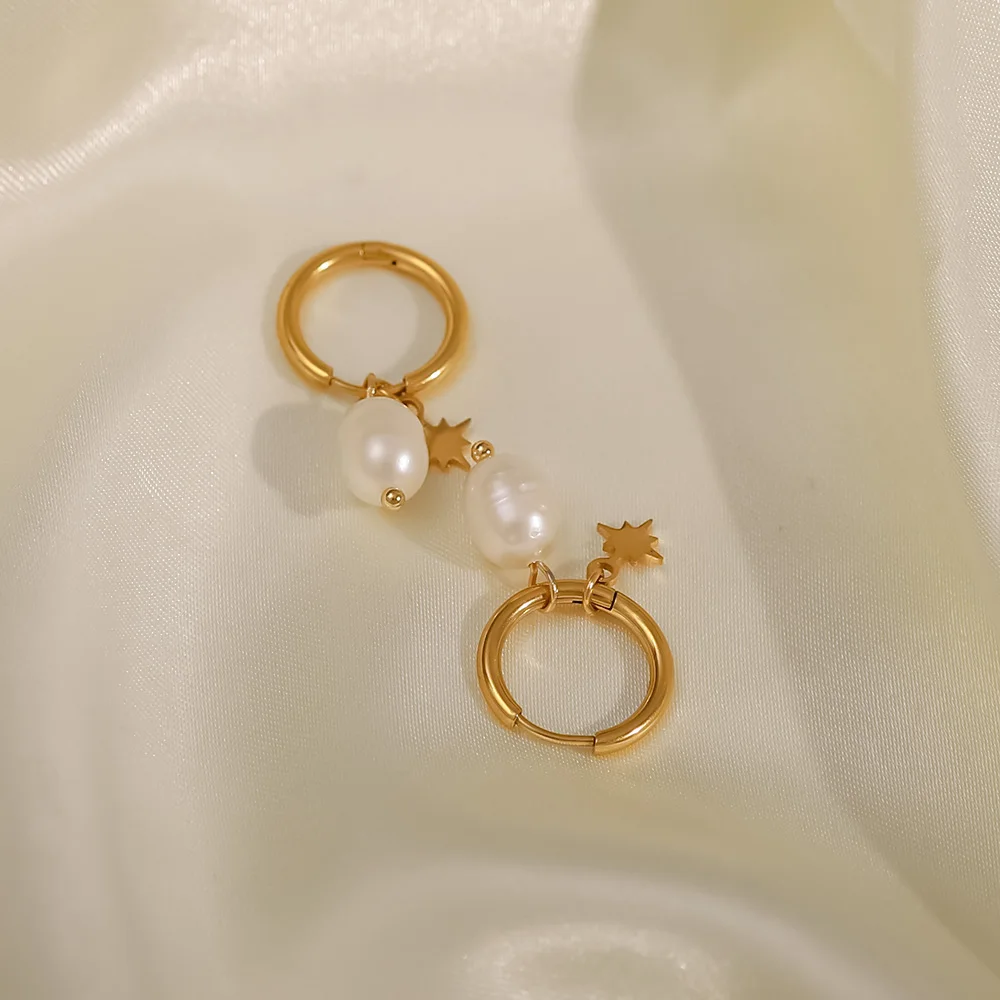 Cercei Luciana, aurii, din oțel inoxidabil și perle naturale de cultură, placați cu aur 18K, model cu steluțe - Colecția Universe of Pearls [4]