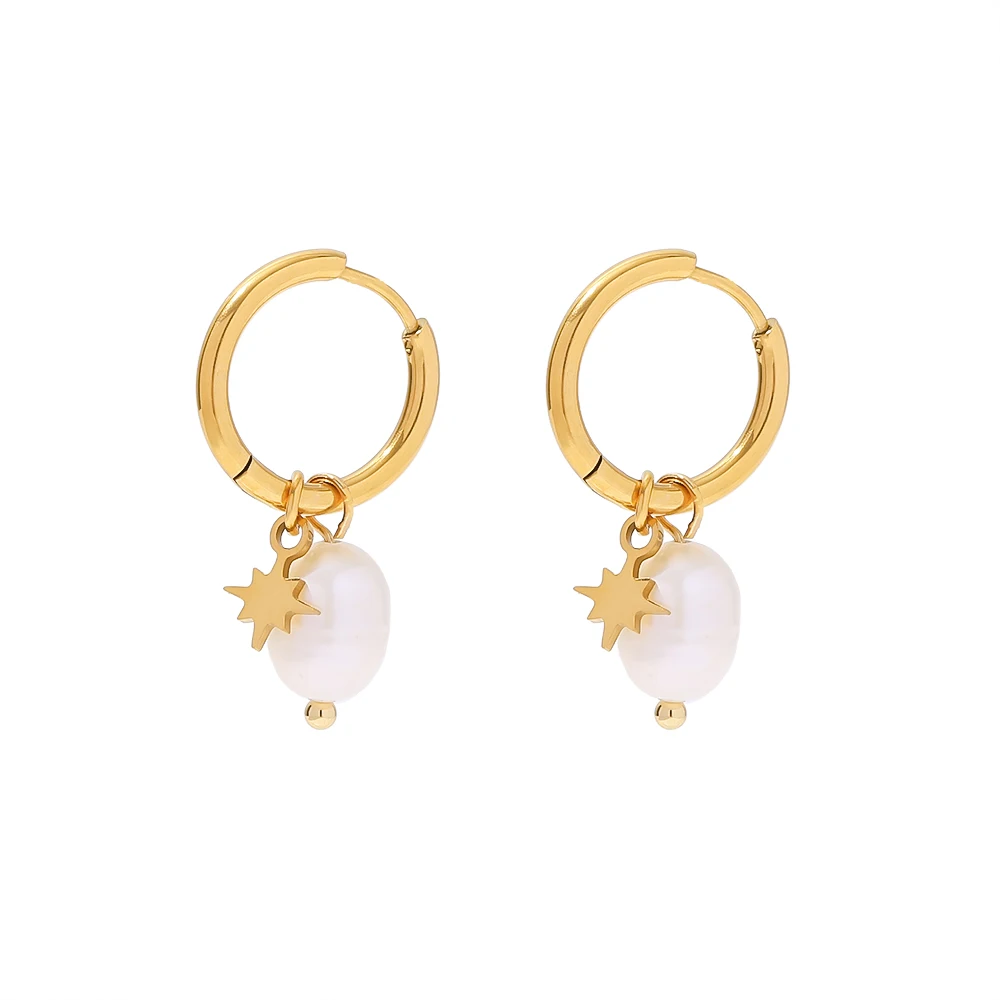Cercei Luciana, aurii, din oțel inoxidabil și perle naturale de cultură, placați cu aur 18K, model cu steluțe - Colecția Universe of Pearls [1]