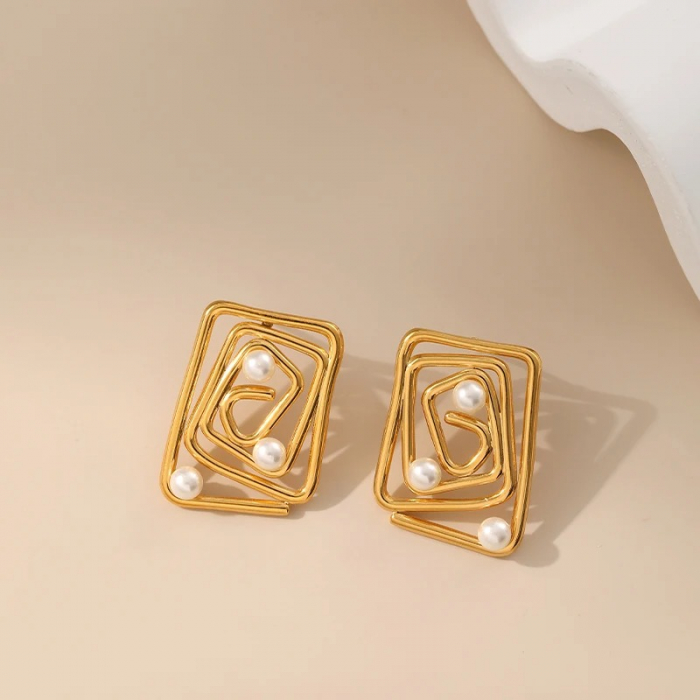 Cercei Novalee, aurii, cu perle și model labirint, din oțel inoxidabil placat cu aur 18K - Colecția Universe of Pearls [6]