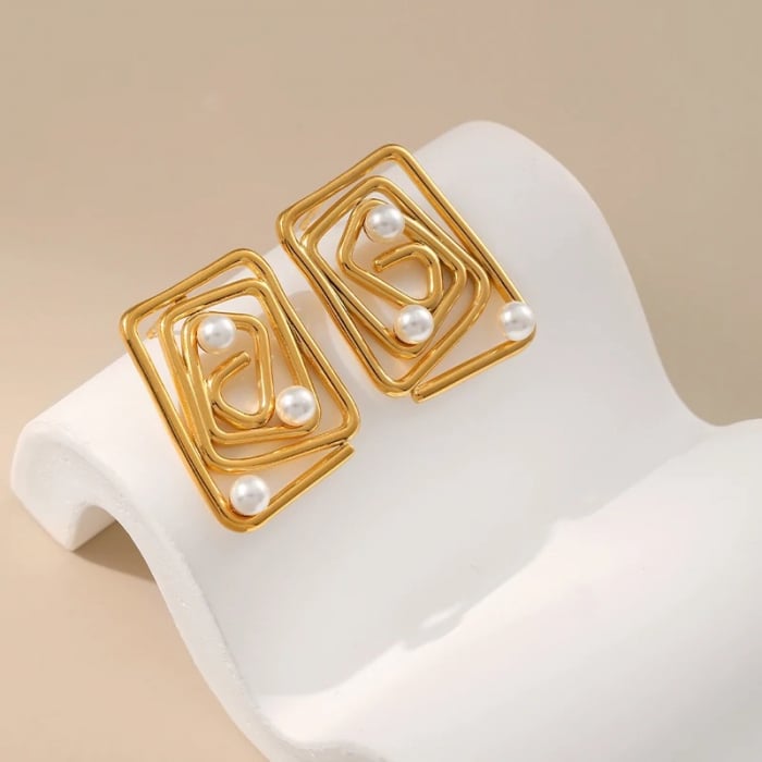Cercei Novalee, aurii, cu perle și model labirint, din oțel inoxidabil placat cu aur 18K - Colecția Universe of Pearls [2]