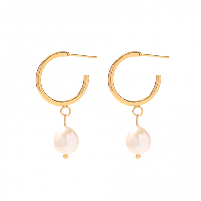 Cercei Celine, rotunzi, aurii, din oțel inoxidabil și perle naturale de cultură, placați cu aur 18K - Colecția Universe of Pearls [1]