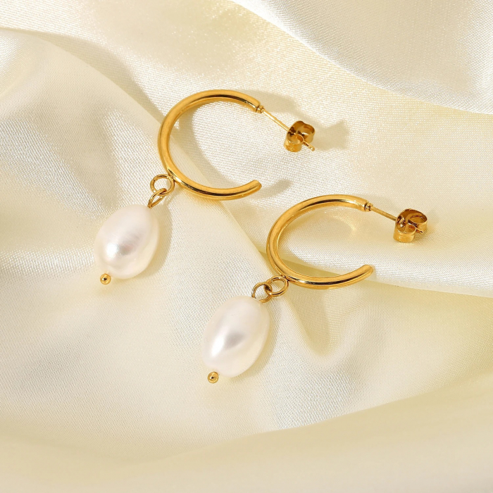 Cercei Celine, rotunzi, aurii, din oțel inoxidabil și perle naturale de cultură, placați cu aur 18K - Colecția Universe of Pearls [2]