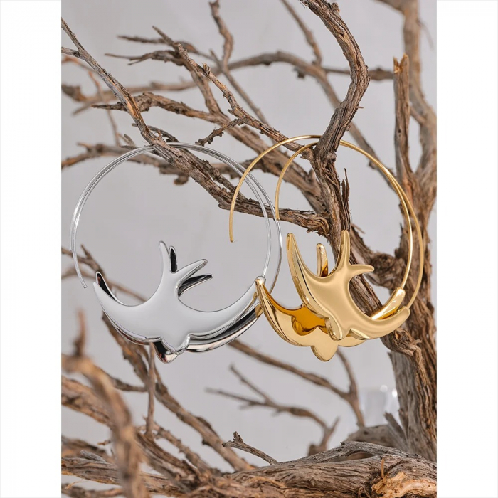 Cercei Birdie, rotunzi, aurii, din oțel inoxidabil placat cu aur 18K, model păsări [5]