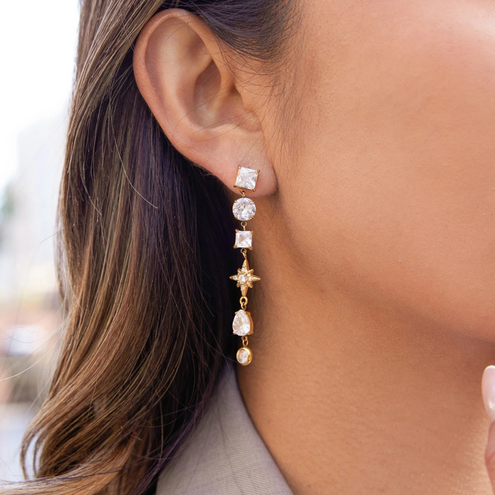 Cercei Josia, aurii, lungi, cu pietre, din oțel inoxidabil placat cu aur 18K [4]