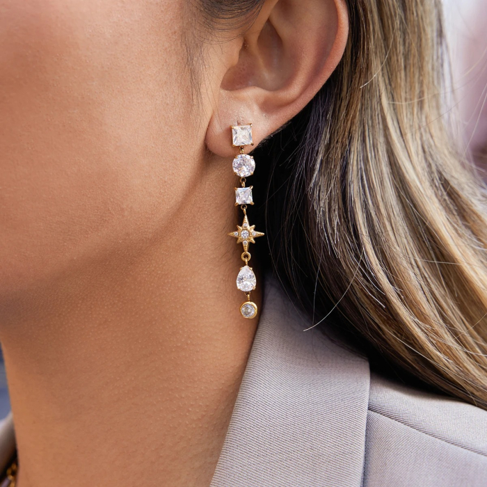 Cercei Josia, aurii, lungi, cu pietre, din oțel inoxidabil placat cu aur 18K [2]