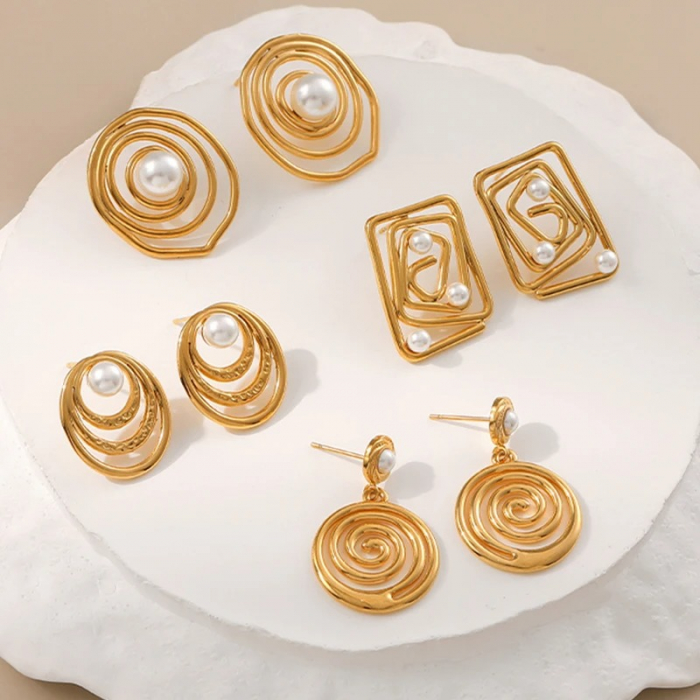 Cercei Julissa, aurii, rotunzi, cu model spirală, din oțel inoxidabil placat cu aur 18K [3]