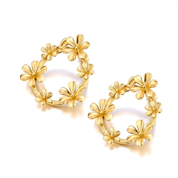 Cercei Eryn, aurii, rotunzi, cu model floral, din oțel inoxidabil placat cu aur 18K - Colecția Parisian [1]