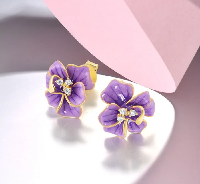 Cercei Kathryn, lila, în formă de floare, din email pictat manual - Colecția Fable [3]