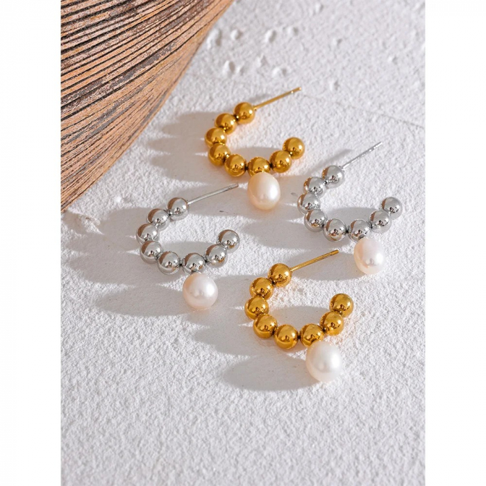 Cercei Hayden, rotunzi, aurii, din oțel inoxidabil și perle naturale de cultură, placați cu aur 18K - Colecția Universe of Pearls [2]