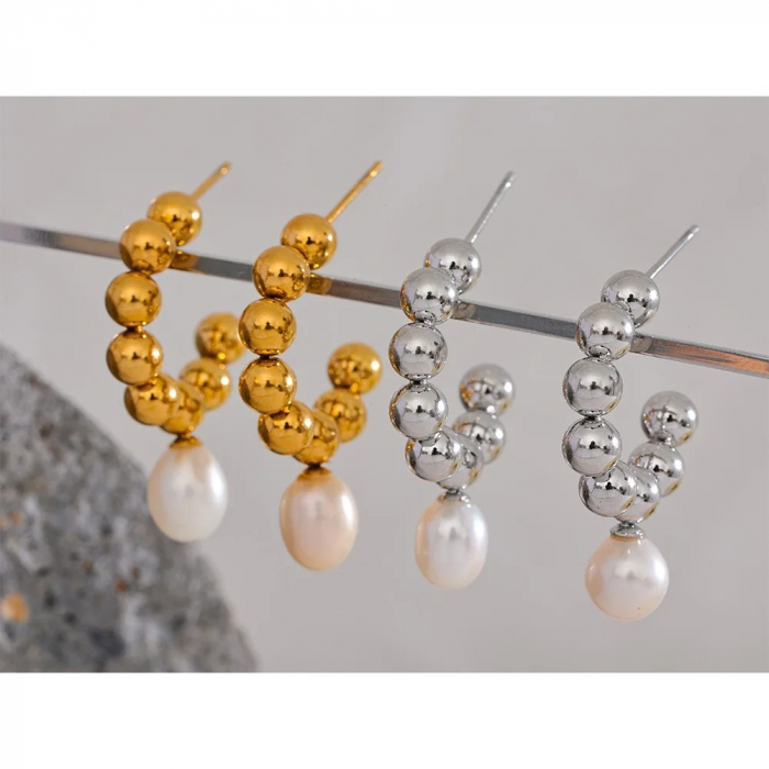 Cercei Hayden, rotunzi, aurii, din oțel inoxidabil și perle naturale de cultură, placați cu aur 18K - Colecția Universe of Pearls [4]