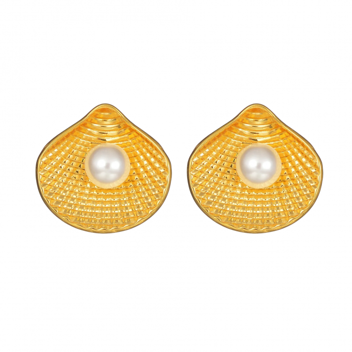 Cercei Ginevra, aurii, cu perle, în formă de scoică - Colecția Universe of Pearls [1]