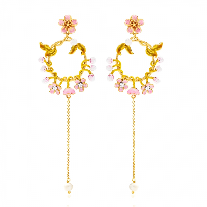 Cercei lungi Anisia, cu model flori de cireș, placați cu aur 18K, din email pictat manual - Colecția Fable [2]