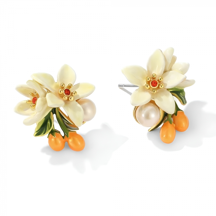 Cercei Eve, în formă de floare de portocal, placați cu aur 18K, din email pictat manual - Colecția Fable [1]