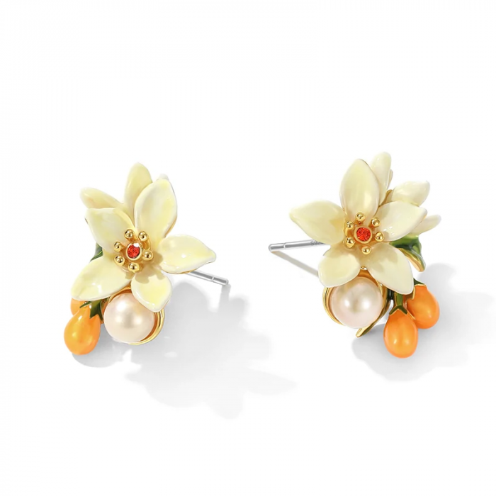 Cercei Eve, în formă de floare de portocal, placați cu aur 18K, din email pictat manual - Colecția Fable [3]