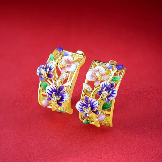 Soleil Silver earrings, 18K gold plated, with floral design and hand-painted enamel - Fable Collection [3]