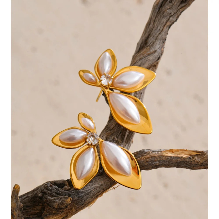 Cercei Marva, aurii, cu perle, din oțel inoxidabil placat cu aur 18K [2]