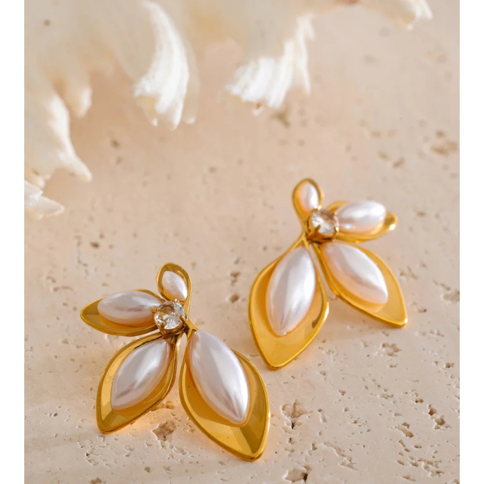 Cercei Marva, aurii, cu perle, din oțel inoxidabil placat cu aur 18K [3]