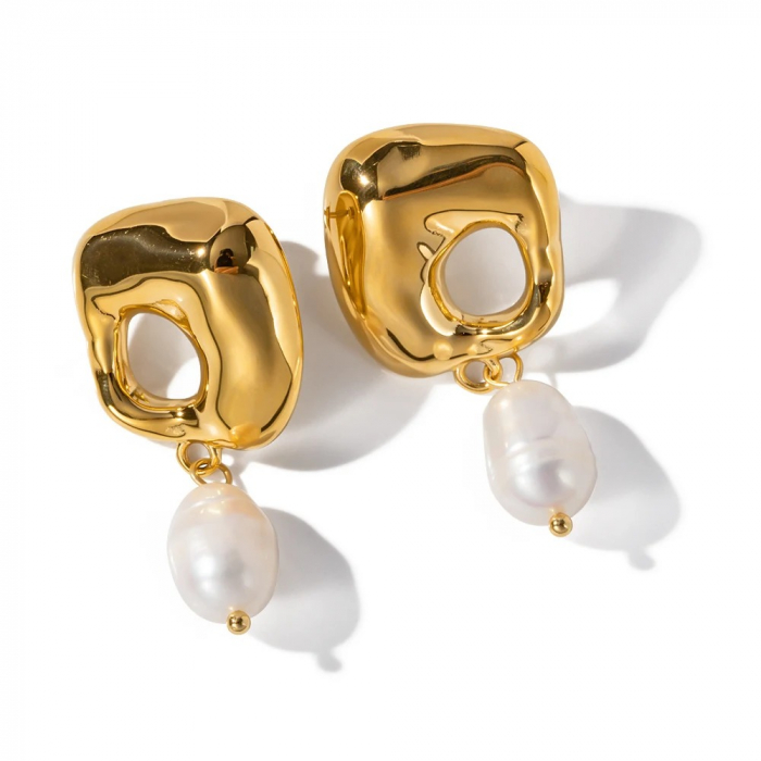 Cercei Lorelei, aurii, cu model abstract, din oțel inoxidabil și perle naturale de cultură, placați cu aur 18K - Colecția Universe of Pearls [1]