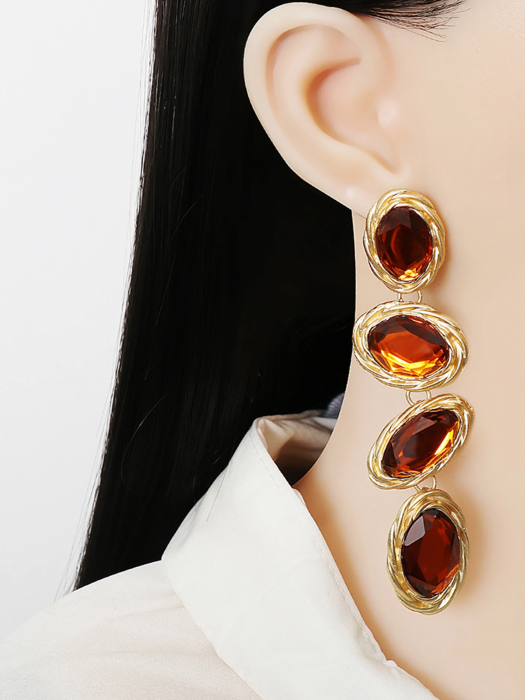 Cercei Milani, lungi, portocalii, cu montură aurie, decorați cu pietre [3]