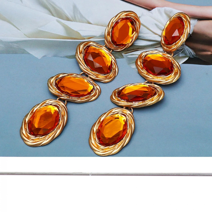 Cercei Milani, lungi, portocalii, cu montură aurie, decorați cu pietre [2]