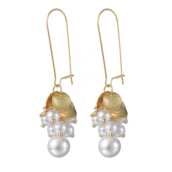 Cercei Evelette, aurii, lungi, cu perle, din oțel inoxidabil, cu model floral - Colecția Universe of Pearls [1]