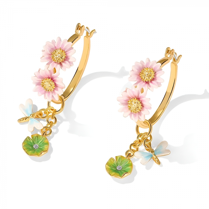 Cercei Lotus, rotunzi, placați cu aur 18K, din email pictat manual, cu model nuferi - Colecția Fable [2]