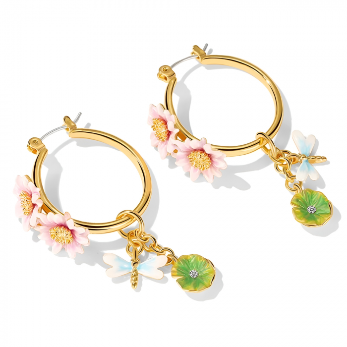 Cercei Lotus, rotunzi, placați cu aur 18K, din email pictat manual, cu model nuferi - Colecția Fable [3]