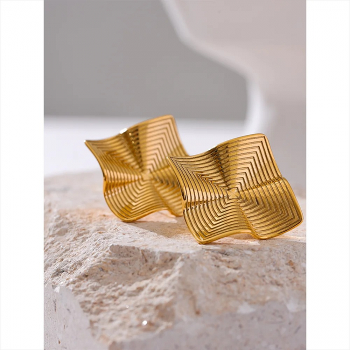 Cercei Senna, aurii, din oțel inoxidabil placat cu aur 18K, cu formă texturată geometrică [6]
