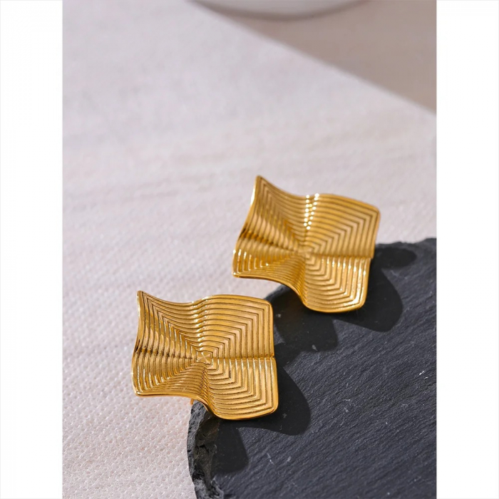 Cercei Senna, aurii, din oțel inoxidabil placat cu aur 18K, cu formă texturată geometrică [3]