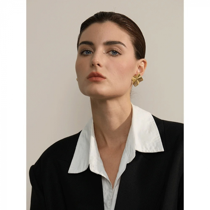 Cercei Senna, aurii, din oțel inoxidabil placat cu aur 18K, cu formă texturată geometrică [4]