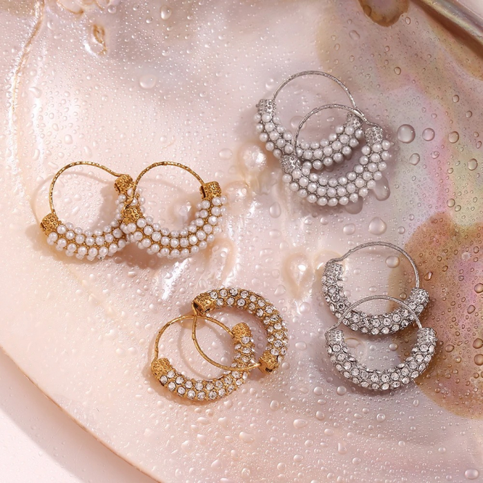 Cercei Sherry, rotunzi, aurii, cu perle, din oțel inoxidabil placat cu aur 18K - Colecția Universe of Pearls [2]