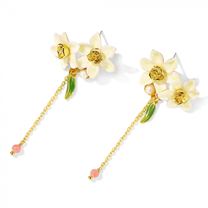 Cercei Nala, lungi, cu flori, placați cu aur 18K, din email pictat manual - Colecția Fable [2]
