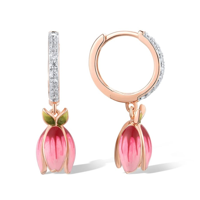 Tilde Silver earrings, round, rose gold, with tulip shape, 18K gold plated, hand painted enamel - Fable Collection [2]