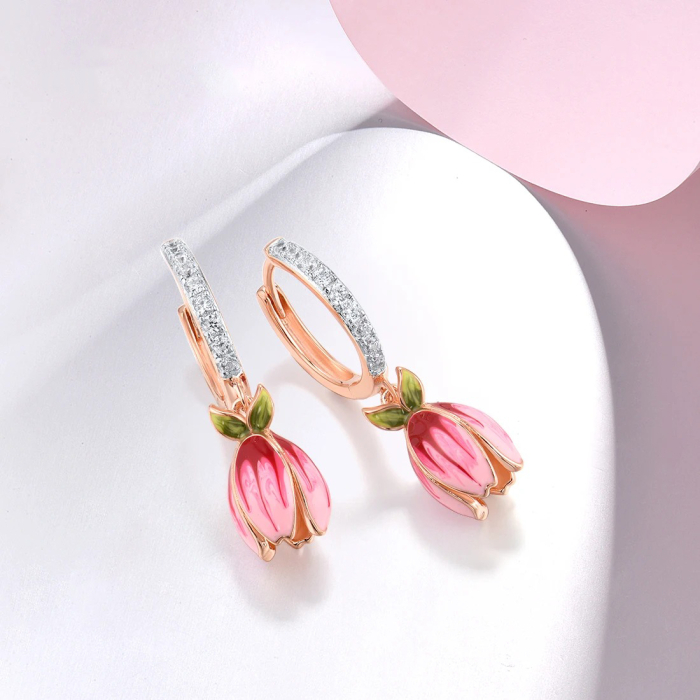 Tilde Silver earrings, round, rose gold, with tulip shape, 18K gold plated, hand painted enamel - Fable Collection [3]