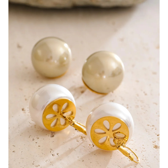 Cercei Rosaleena, aurii, cu perle mari, din oțel inoxidabil placat cu aur 18K, model retro - Colecția Universe of Pearls [4]