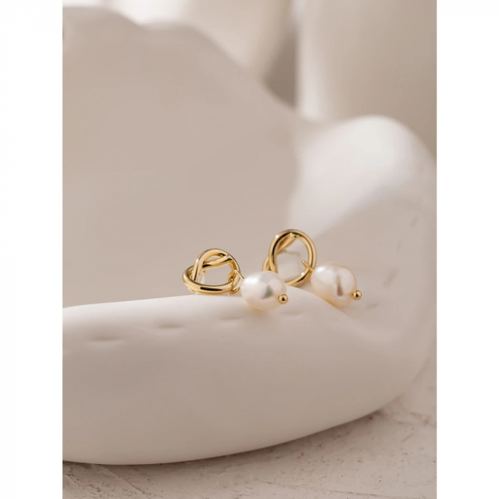 Cercei Vivienne, aurii, cu perle naturale de cultură, placați cu aur 18K, model minimalist - Colecția Universe of Pearls [4]