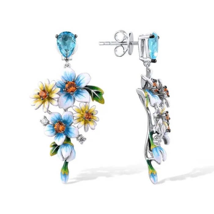 Brynn long Silver earrings, with flowers and hand-painted enamel - Fable Collection [2]