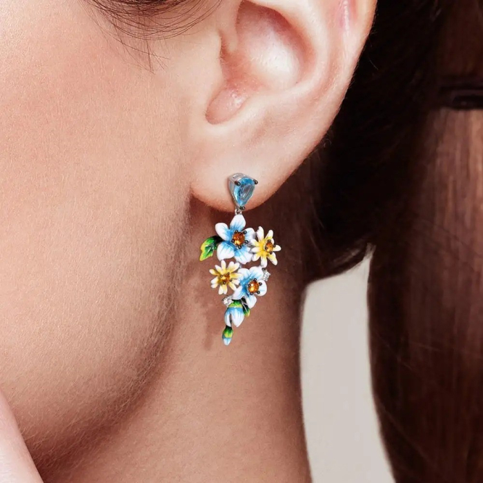 Brynn long Silver earrings, with flowers and hand-painted enamel - Fable Collection [4]