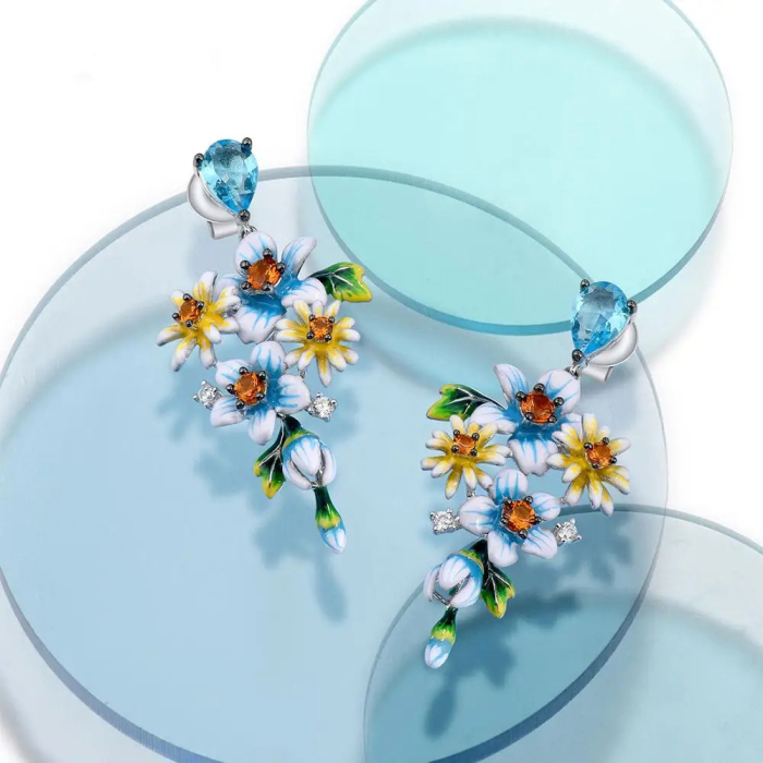 Brynn long Silver earrings, with flowers and hand-painted enamel - Fable Collection [3]