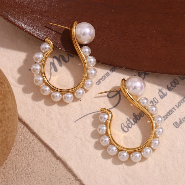 Cercei Bessie, rotunzi, aurii, cu perle, din oțel inoxidabil placat cu aur 18K - Colecția Universe of Pearls [2]
