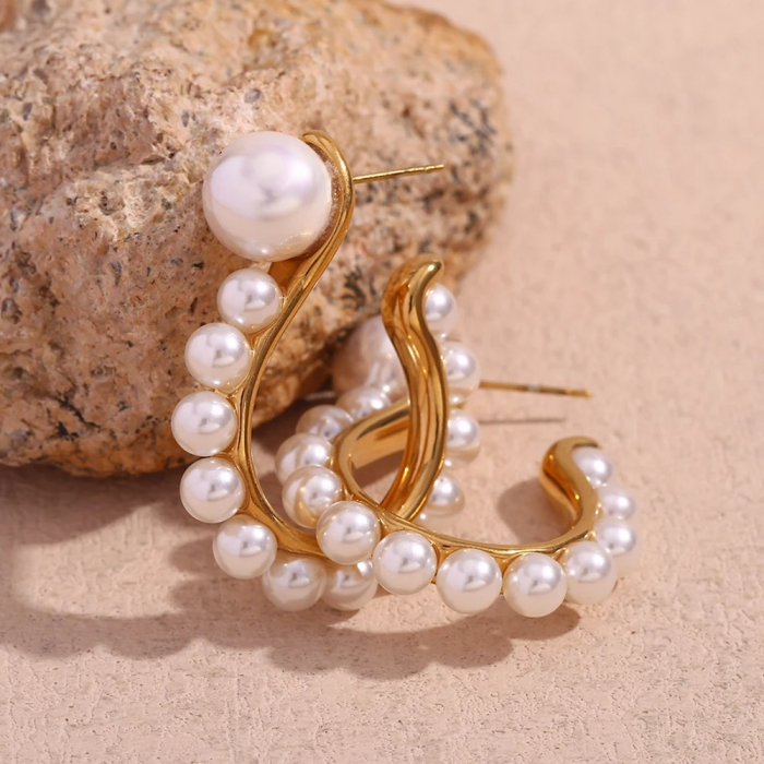 Cercei Bessie, rotunzi, aurii, cu perle, din oțel inoxidabil placat cu aur 18K - Colecția Universe of Pearls [3]